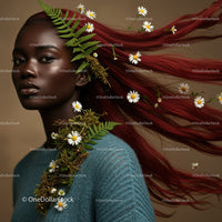 Elegant Woman with Flowing Red Hair and Daisy Floral Accents