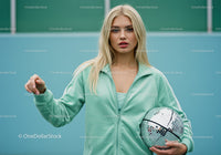 Young Woman in Mint Green Tracksuit Holding Disco Ball in Studio
