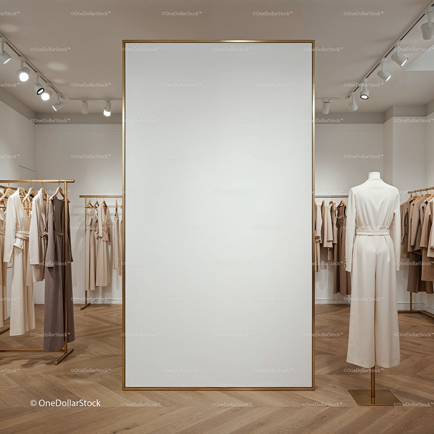 Minimalist fashion boutique with neutral clothing display