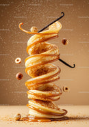 Stack of mini pancakes with caramel and hazelnuts