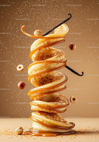 Stack of mini pancakes with caramel and hazelnuts