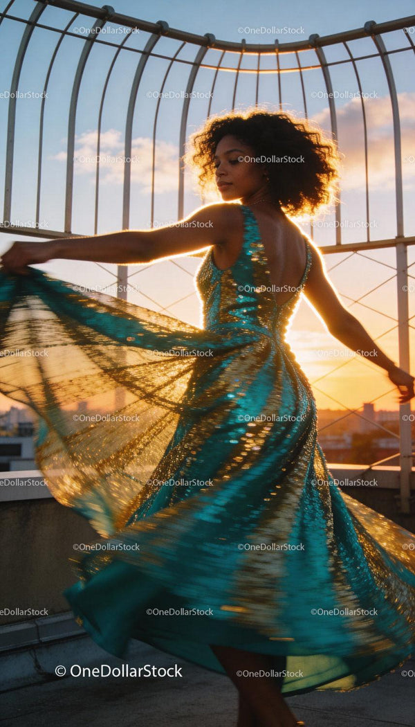 Elegant woman twirling in sparkling evening dress