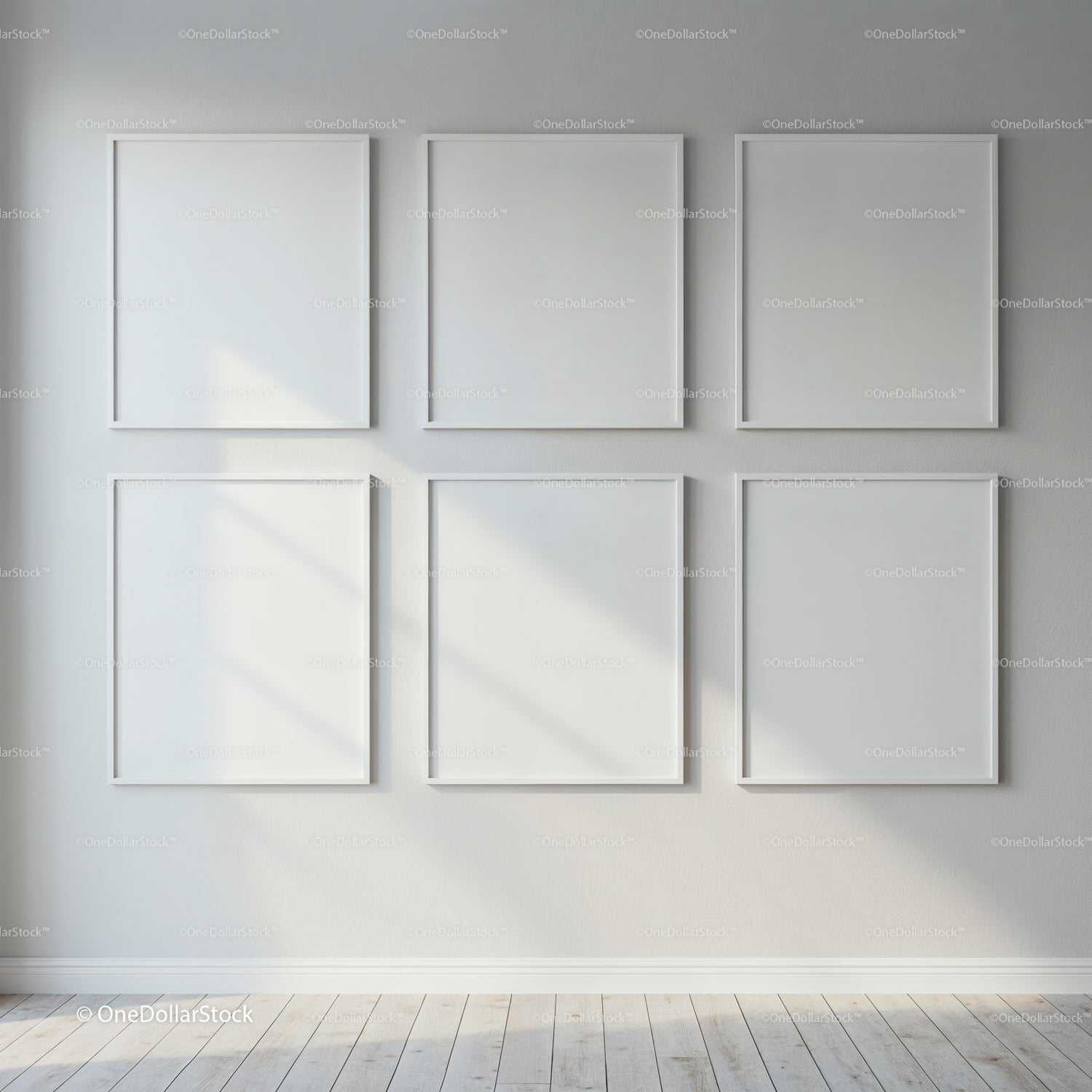 Empty white photo frames on clean minimalist wall