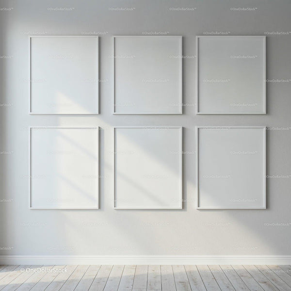 Empty white photo frames on clean minimalist wall JPG Mockup Image