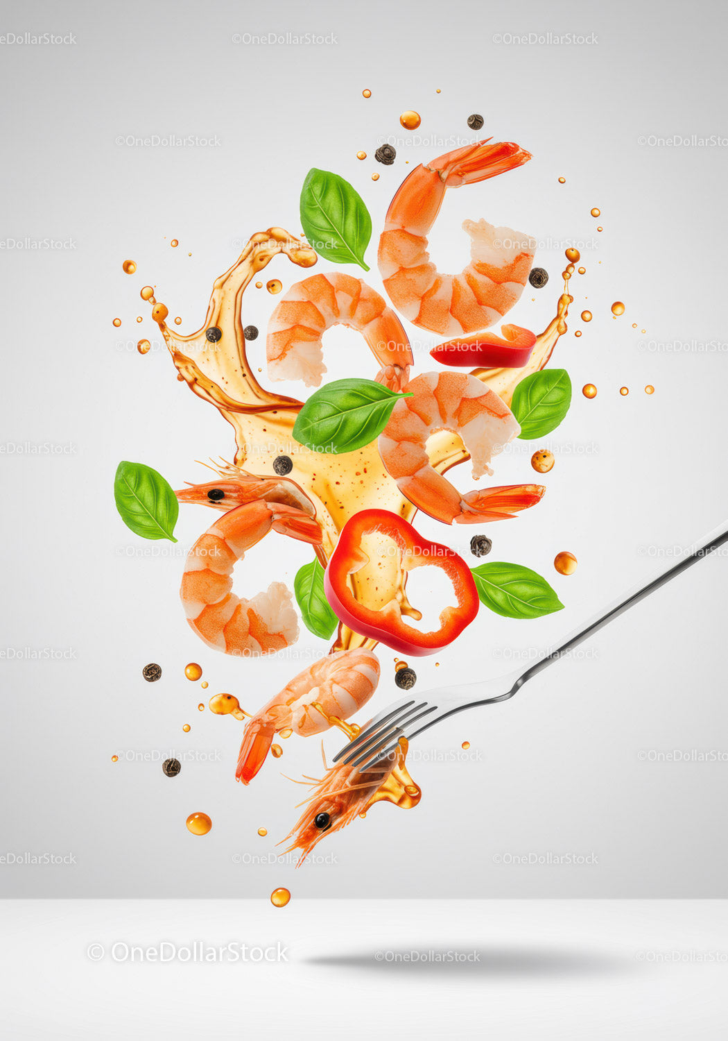 Fresh shrimp and herbs with sauce splash and fork