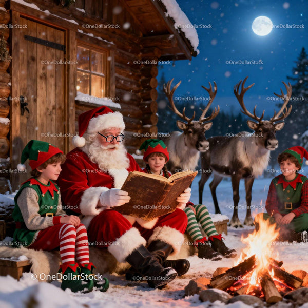 Santa Reading Christmas Stories by Campfire with Elves
