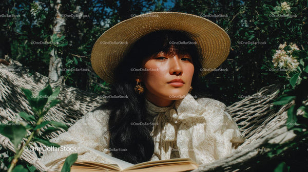 Elegant Woman in Straw Hat Relaxing on Hammock in Lush Garden