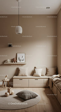 Modern Nursery with Beige Walls and Wooden Toys for Kids Room