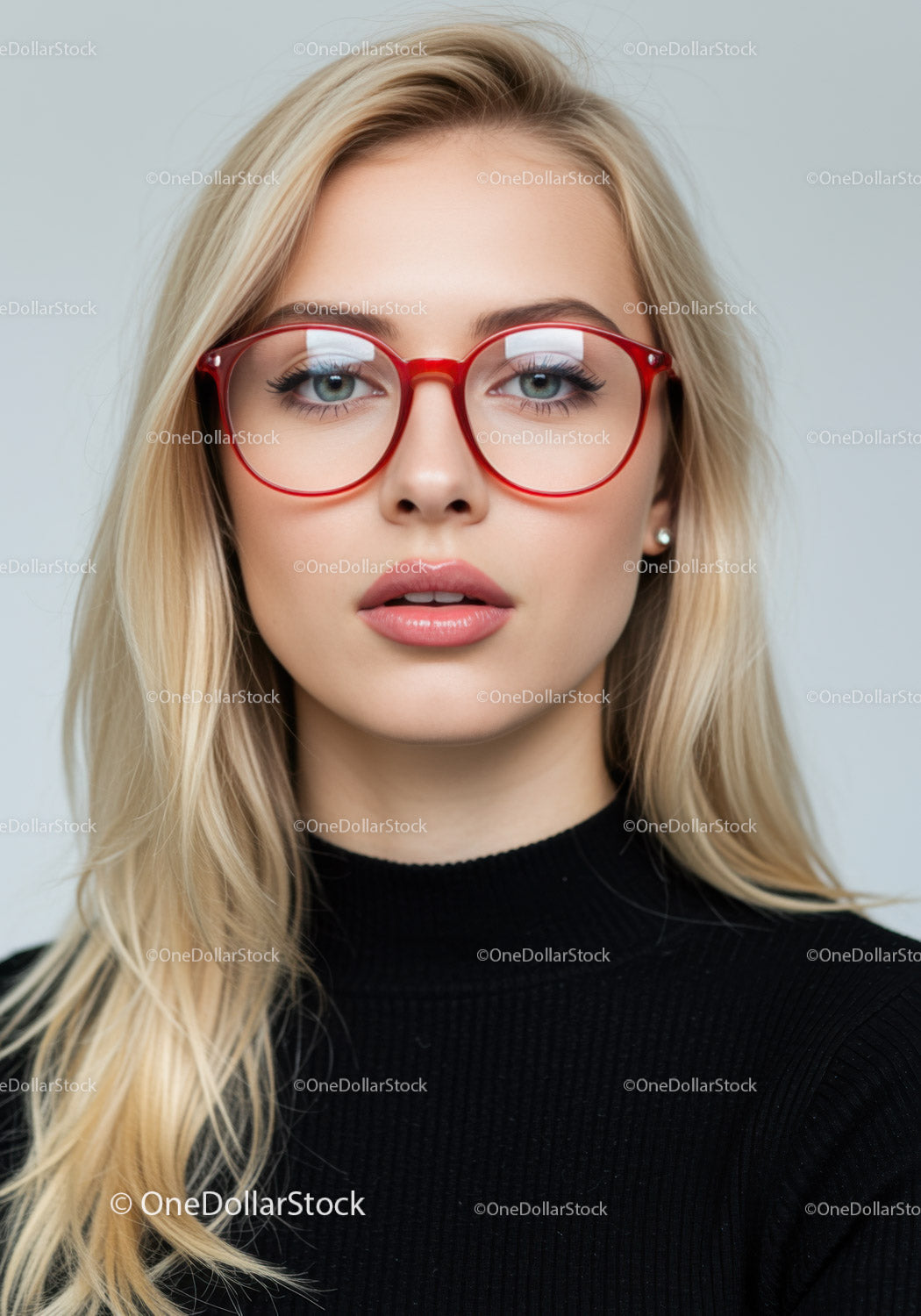 Fashionable Blonde Woman Wearing Red Glasses Portrait