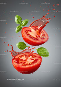 Fresh tomato halves splashing with basil leaves