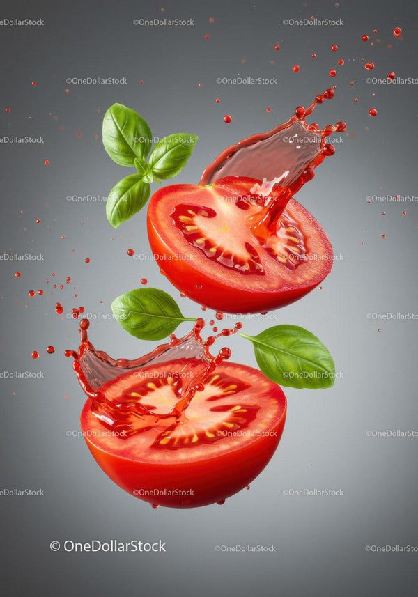 Fresh tomato halves splashing with basil leaves
