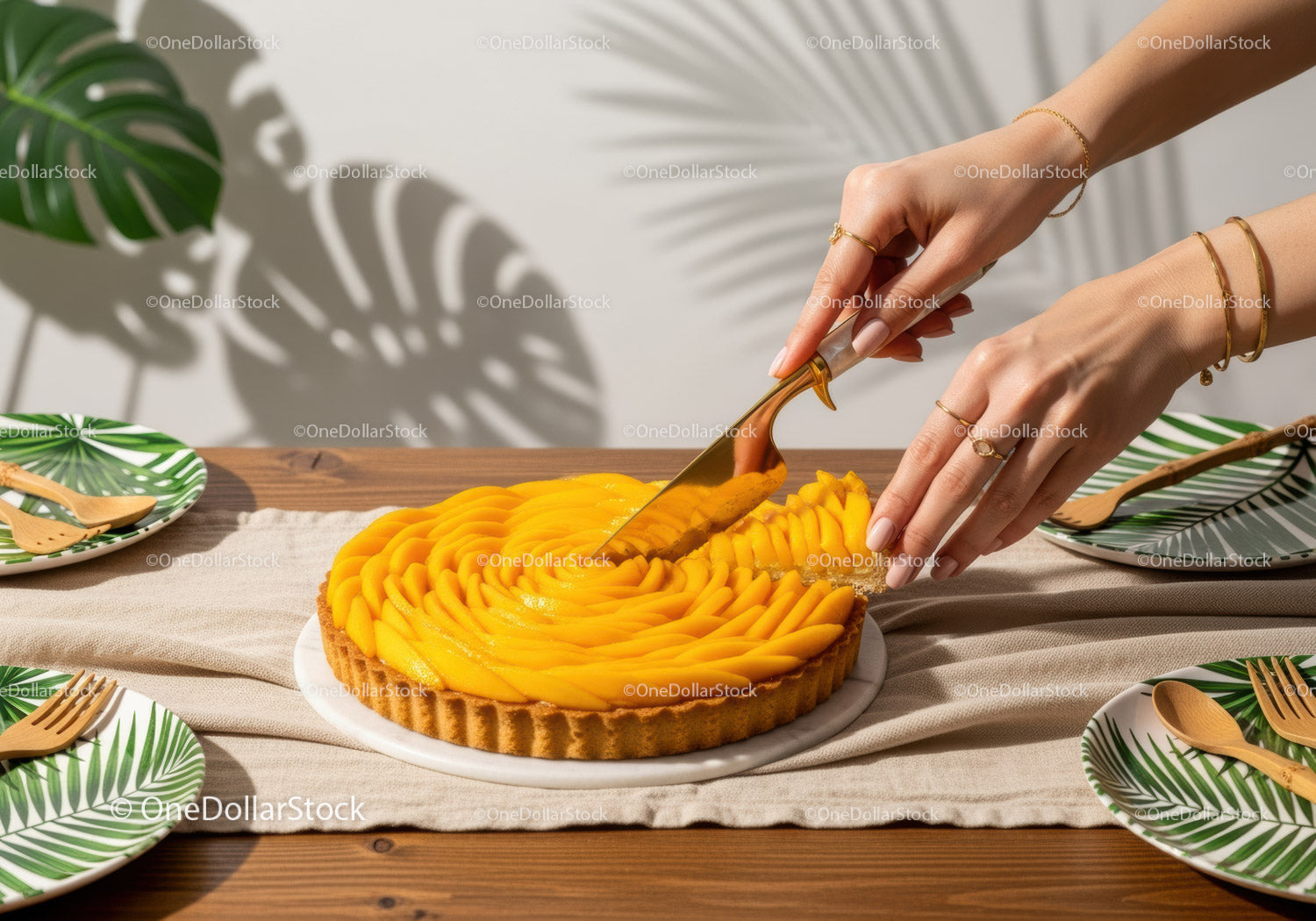 Elegant Mango Tart with Sliced Fresh Mango on a Wooden Table