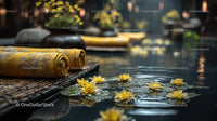 Relaxing Spa Scene with Water Lilies and Embroidered Towel
