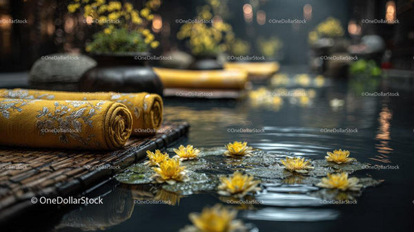 Relaxing Spa Scene with Water Lilies and Embroidered Towel