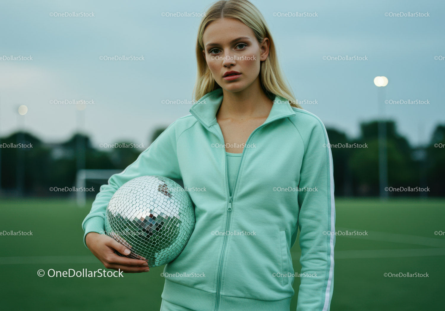 Młoda kobieta w jasnozielonym stroju sportowym trzymająca lustrzaną piłkę na boisku piłkarskim