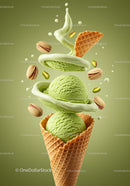 Green pistachio ice cream scoops in waffle cone with nuts