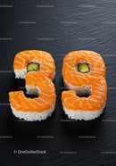 Sushi Rolls Shaped as Numbers Thirty Nine on Black Plate