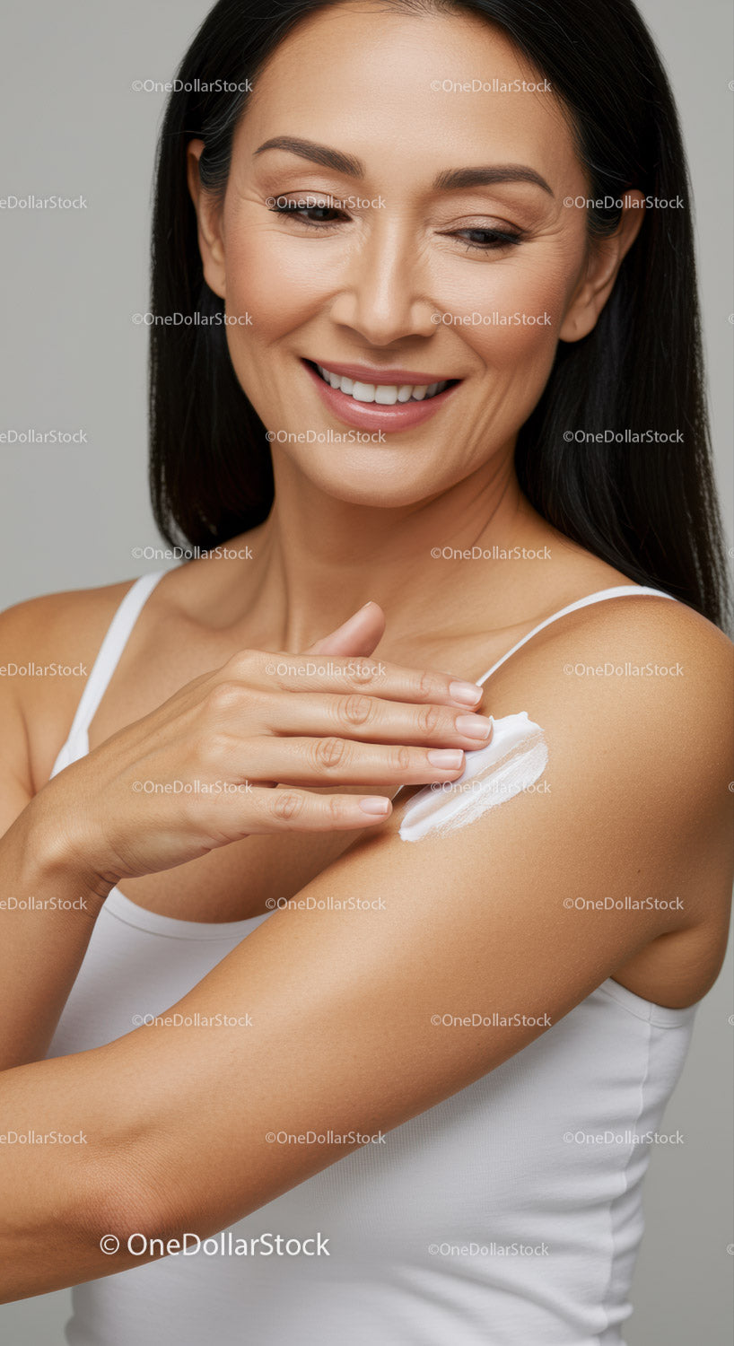Portrait of a Smiling Woman Applying Sunscreen for Skin Protection