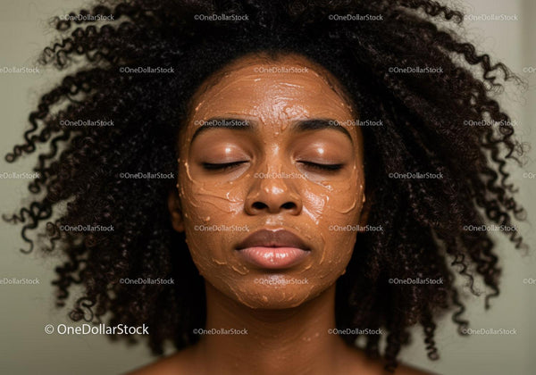 Close-up of a woman with natural curly hair applying facial mask