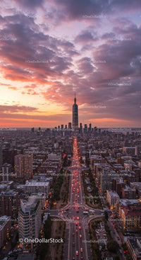 Tall Skyscraper Towering Over Vibrant City Skyline at Sunset