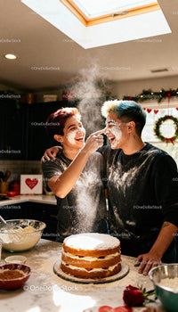 Couple Playfully Baking Together in Cozy Kitchen