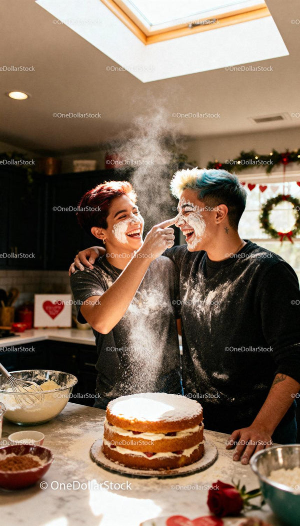 Couple Playfully Baking Together in Cozy Kitchen
