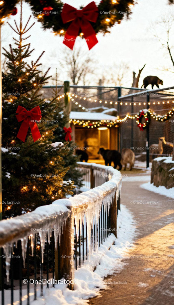 Winter zoo walkway decorated with festive Christmas lights