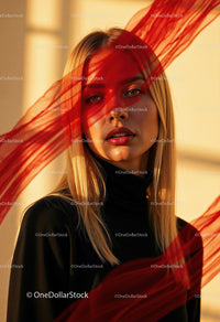 Creative Artistic Makeup Portrait with Red Face Paint and Blonde Hair