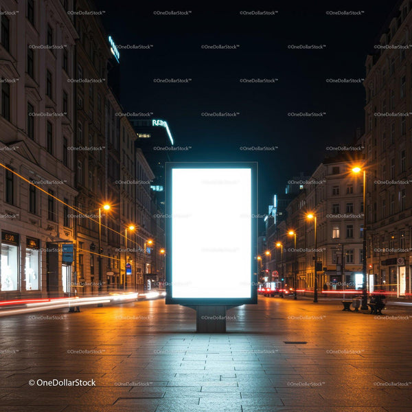 Illuminated Street Billboard in Quiet Urban Night Scene JPG Mockup Image