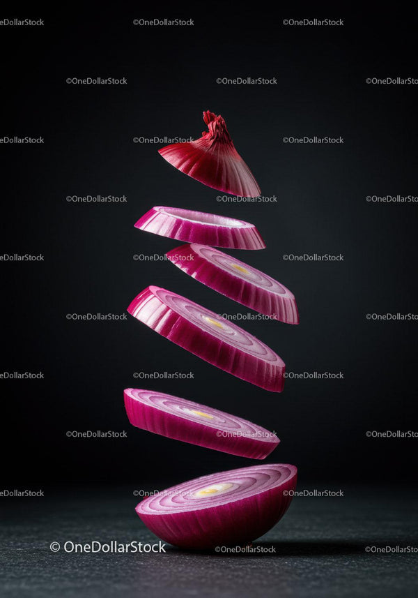 Floating Slices of Fresh Red Onion on Dark Background