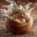 Caramel and Sesame Seeds Dessert in Wooden Bowl with Fresh Herbs
