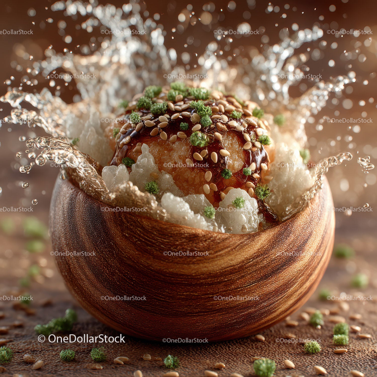 Caramel and Sesame Seeds Dessert in Wooden Bowl with Fresh Herbs