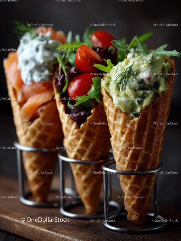 Fresh Salad in Waffle Cones with Cherry Tomatoes and Guacamole
