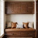Warm Cozy Window Nook with Cushioned Seating and Wooden Storage