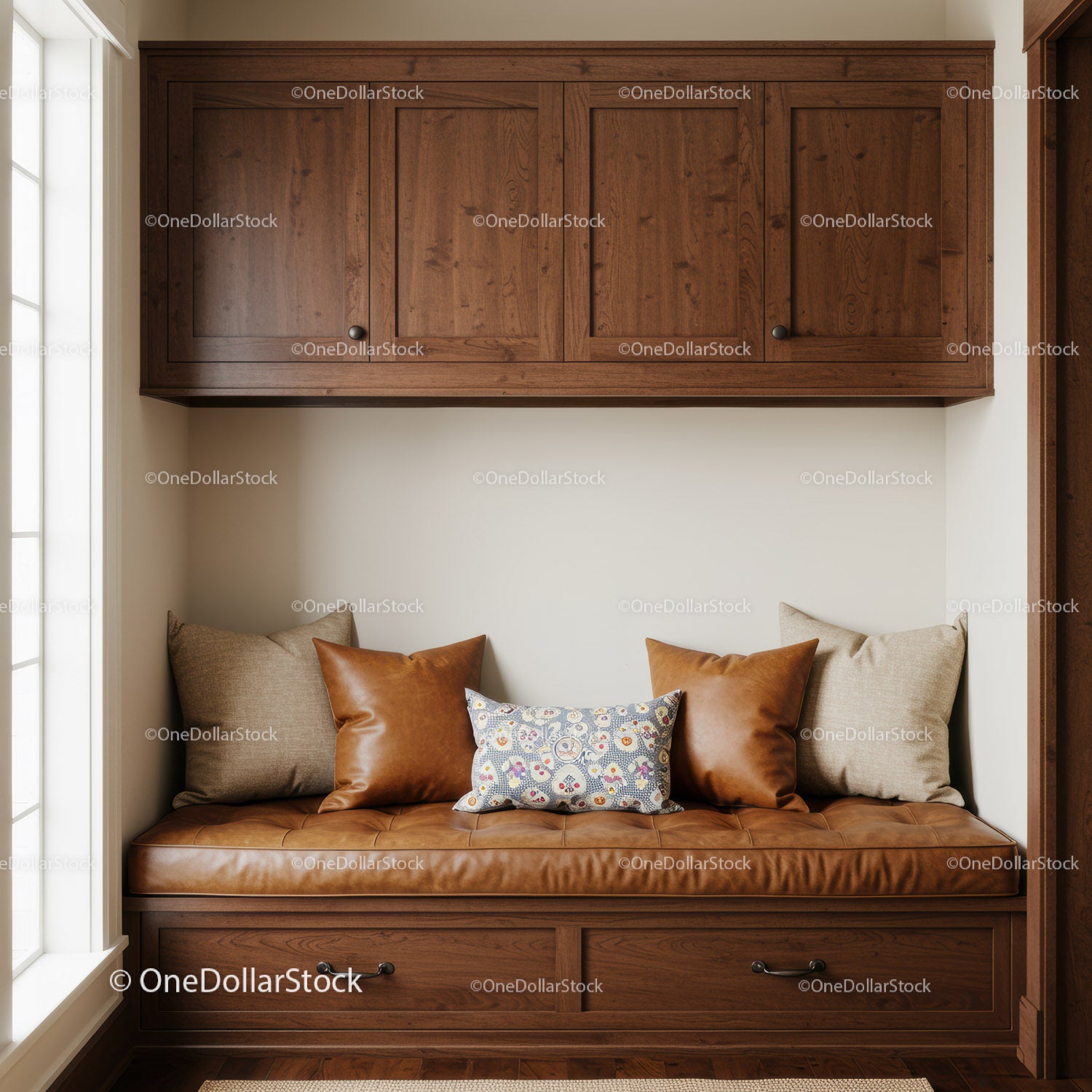 Warm Cozy Window Nook with Cushioned Seating and Wooden Storage