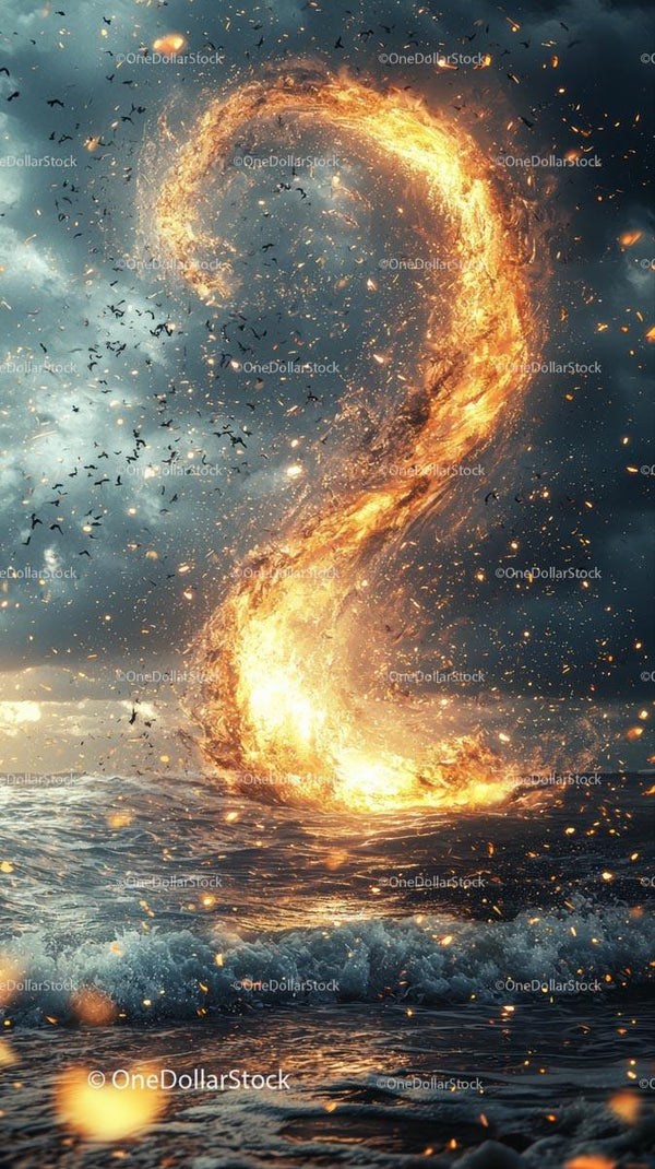 Fiery Vortex Twisting Over Turbulent Ocean with Explosive Sky