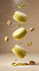 Light green pistachio macarons with dusted powdered sugar
