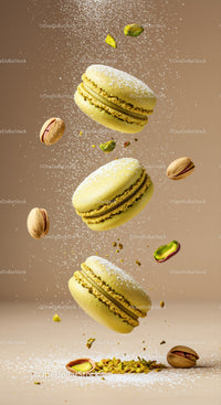 Light green pistachio macarons with dusted powdered sugar