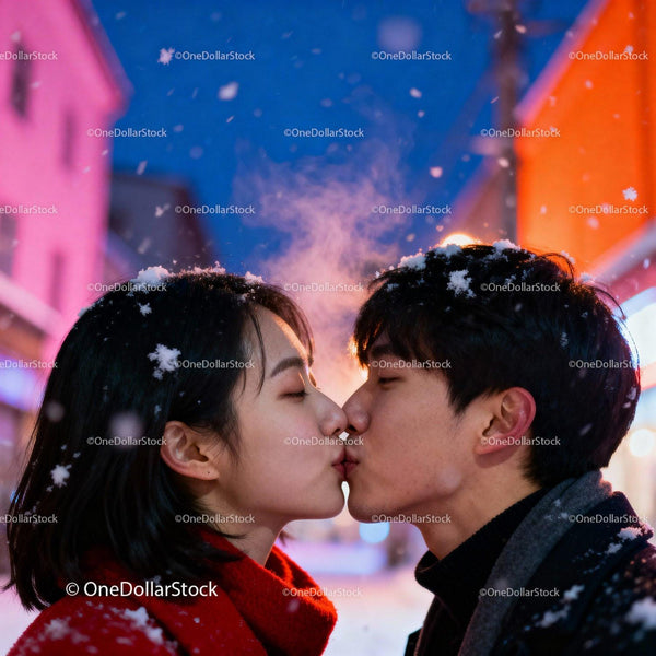 Couple Sharing a Tender Kiss on a Snowy Winter Evening