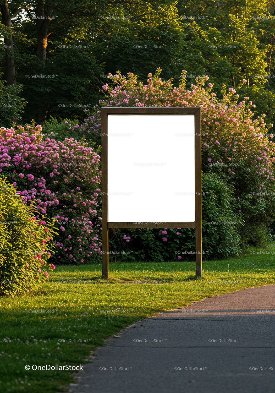 Blank signboard surrounded by blooming pink bushes in park
