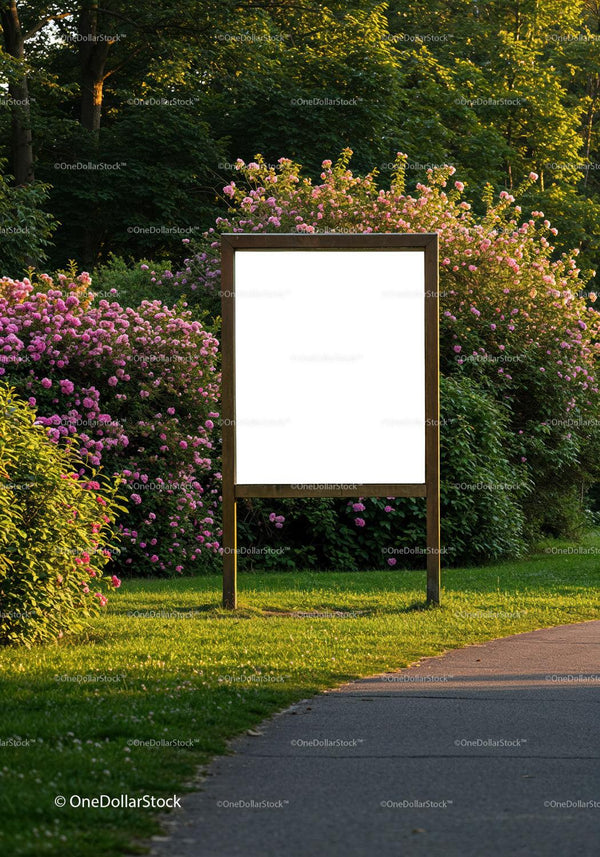 Blank signboard surrounded by blooming pink bushes in park JPG Mockup Image
