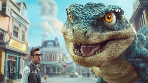 Man Standing Near Large Dinosaur Head Outdoors
