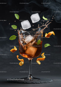 Refreshing cocktail splash with ice and citrus zest