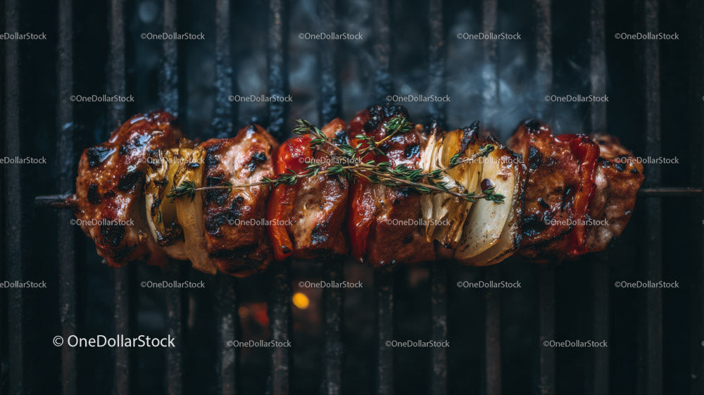Juicy grilled chicken skewers with onion on barbecue