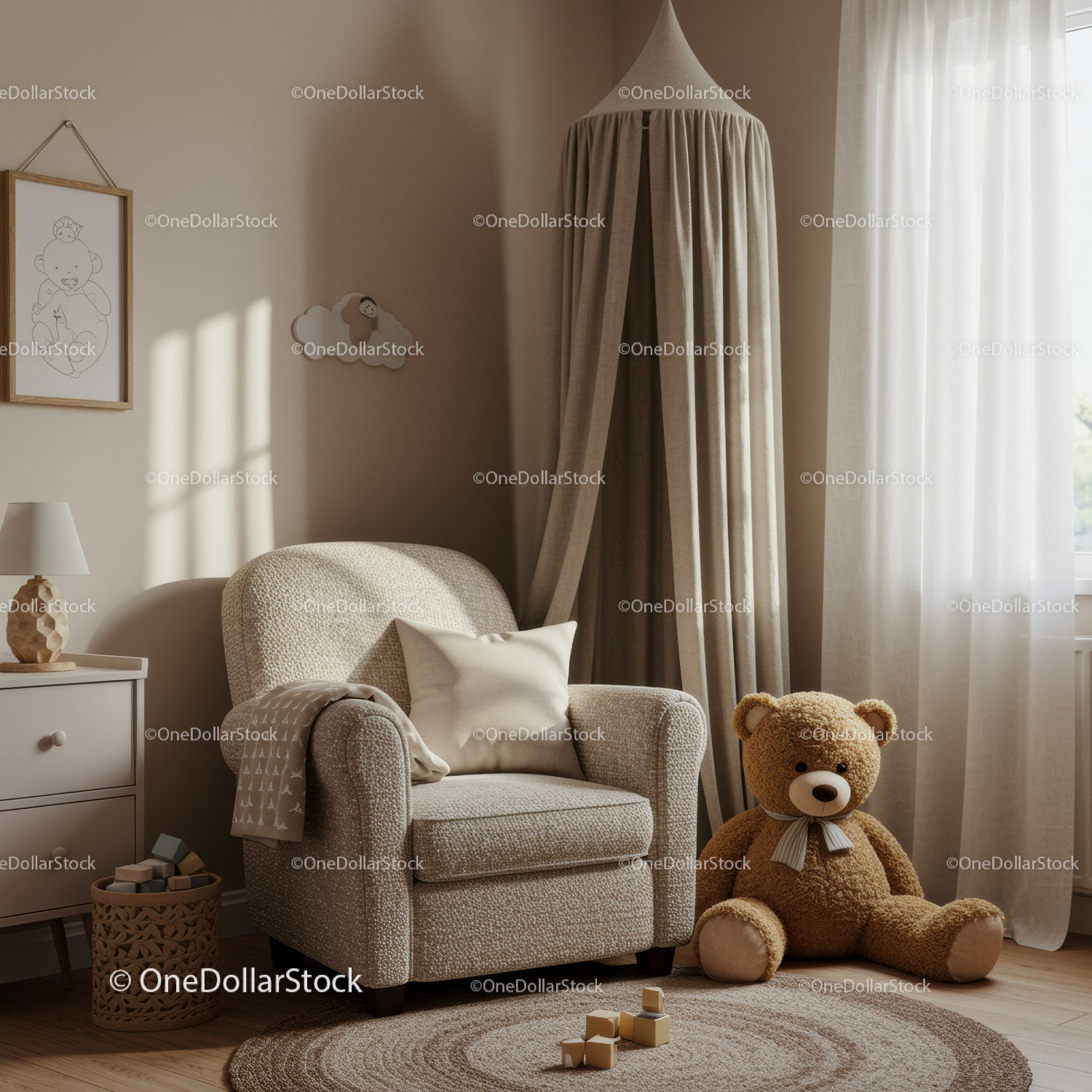 Cozy nursery corner with armchair and teddy bear