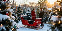 Couple chatting near classic red sleigh at Christmas tree farm