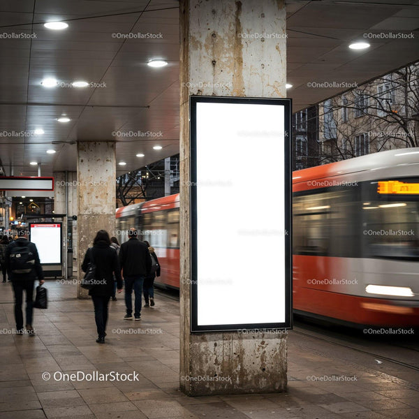 Blank vertical billboard at busy urban tram stop JPG Mockup Image