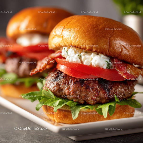 Juicy beef burger with fresh vegetables and crispy bacon