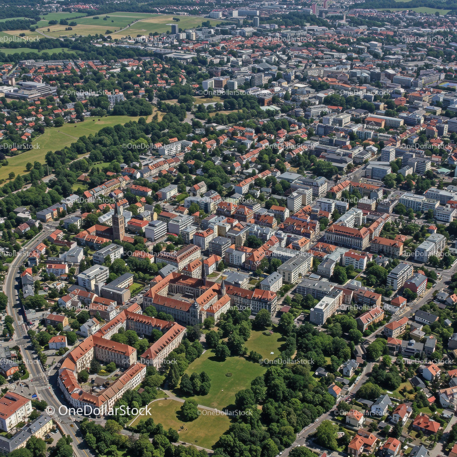 Aerial View of Historic and Modern Cityscape with Green Parks