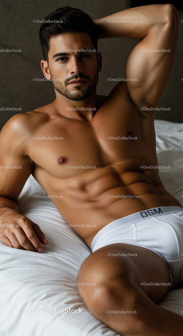 Fit man relaxing on bed in white underwear